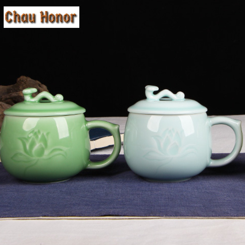 Celadon Ceramic Cup - 350ml Longquan Celadon Lotus Coffee Mug